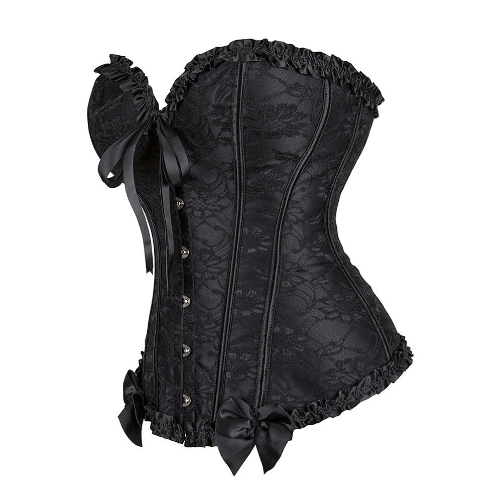 Elegant black lace corset with ruffled detail and bows, perfect for a sexy gothic look.