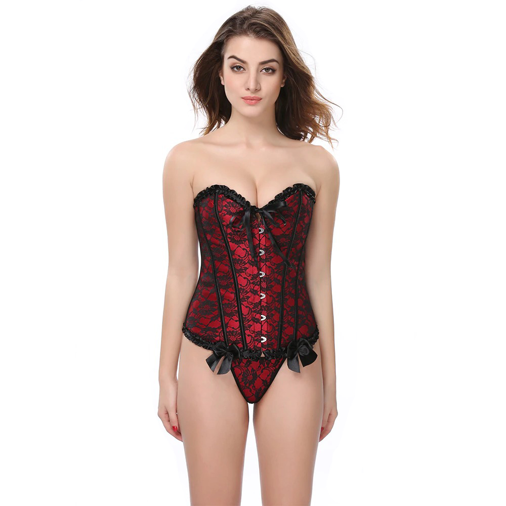 Women's sexy gothic lace up pleated corset in red, highlighting elegance and curves, perfect for vintage steampunk style.