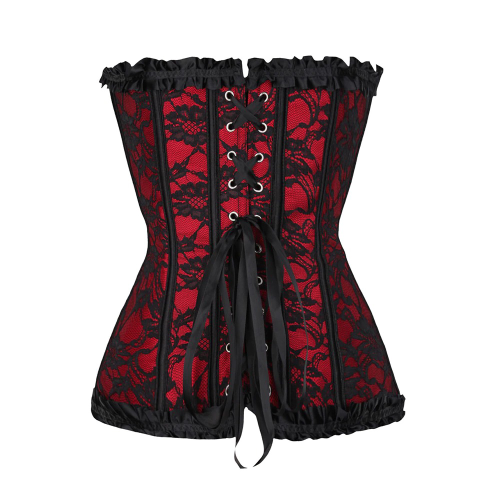Women's sexy steampunk backless corset in red lace with a vintage gothic design and lace-up detail.