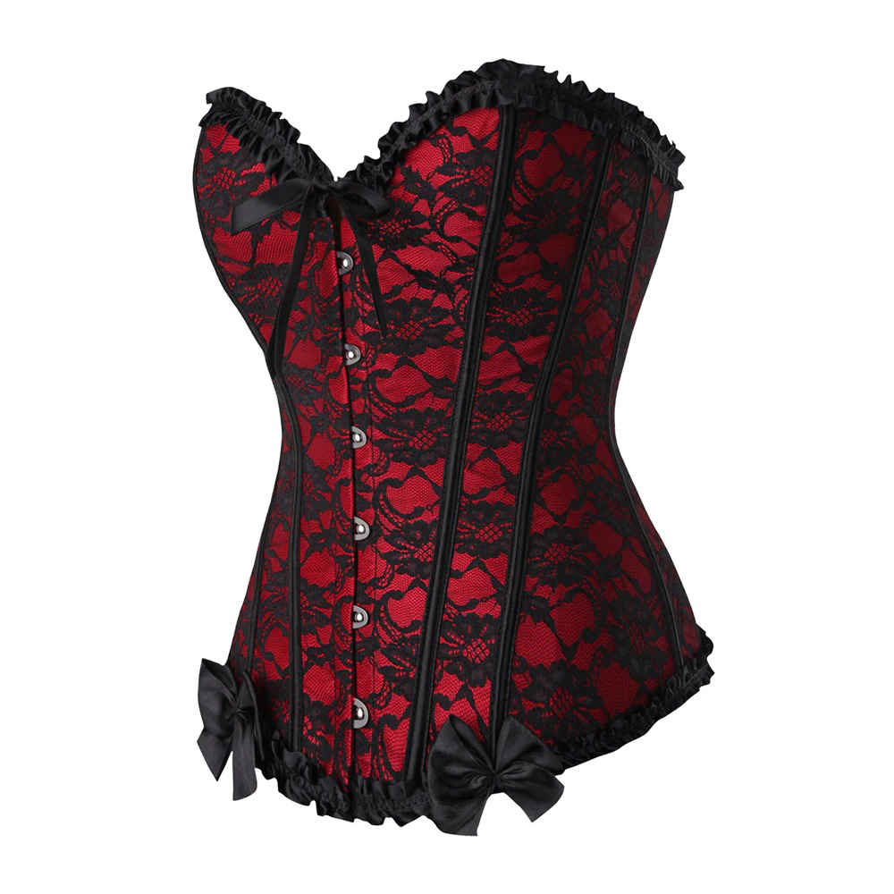 Women's sexy steampunk backless corset in red lace, featuring elegant black bow accents and a vintage gothic style.