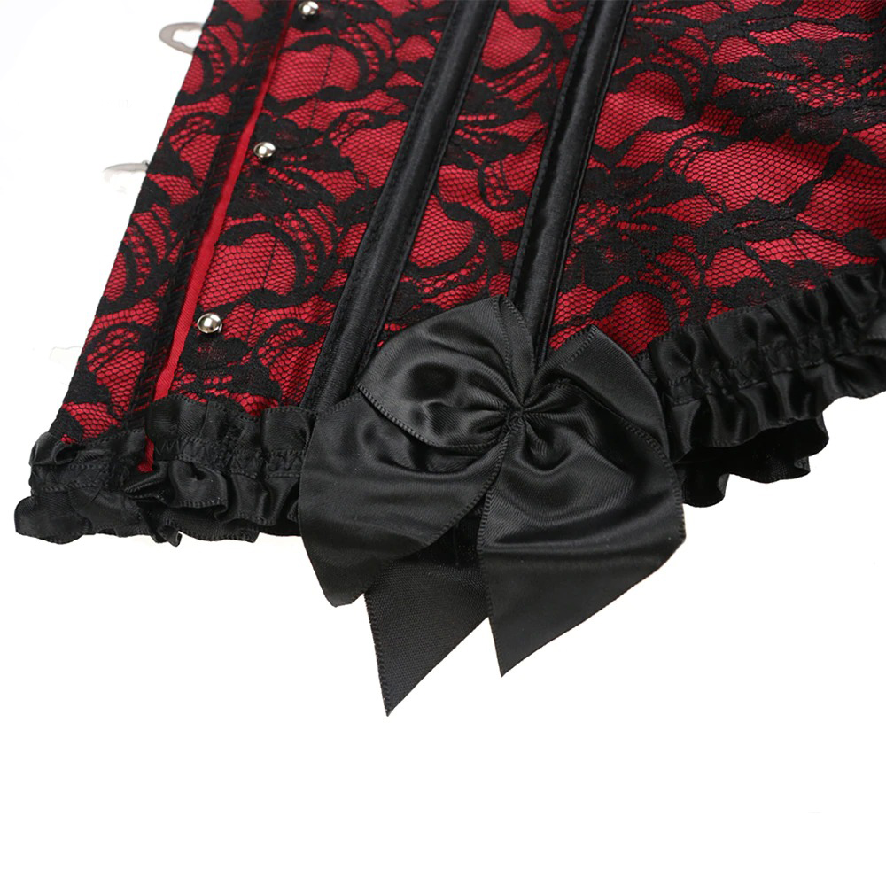 Elegant red lace corset with black bow detail, perfect for a gothic and steampunk look.
