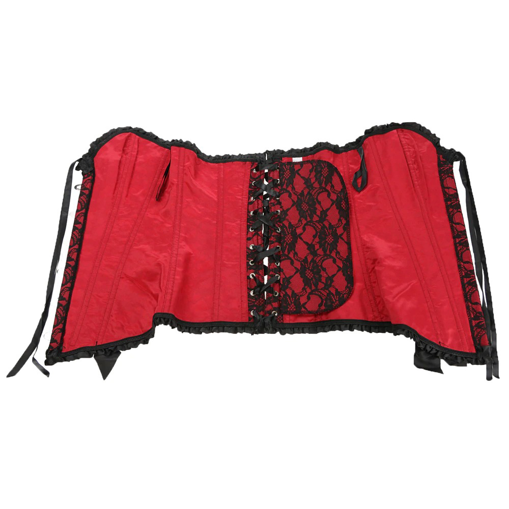 Red gothic lace-up corset with elegant black lace insert and pleated design, perfect for a sexy steampunk look.