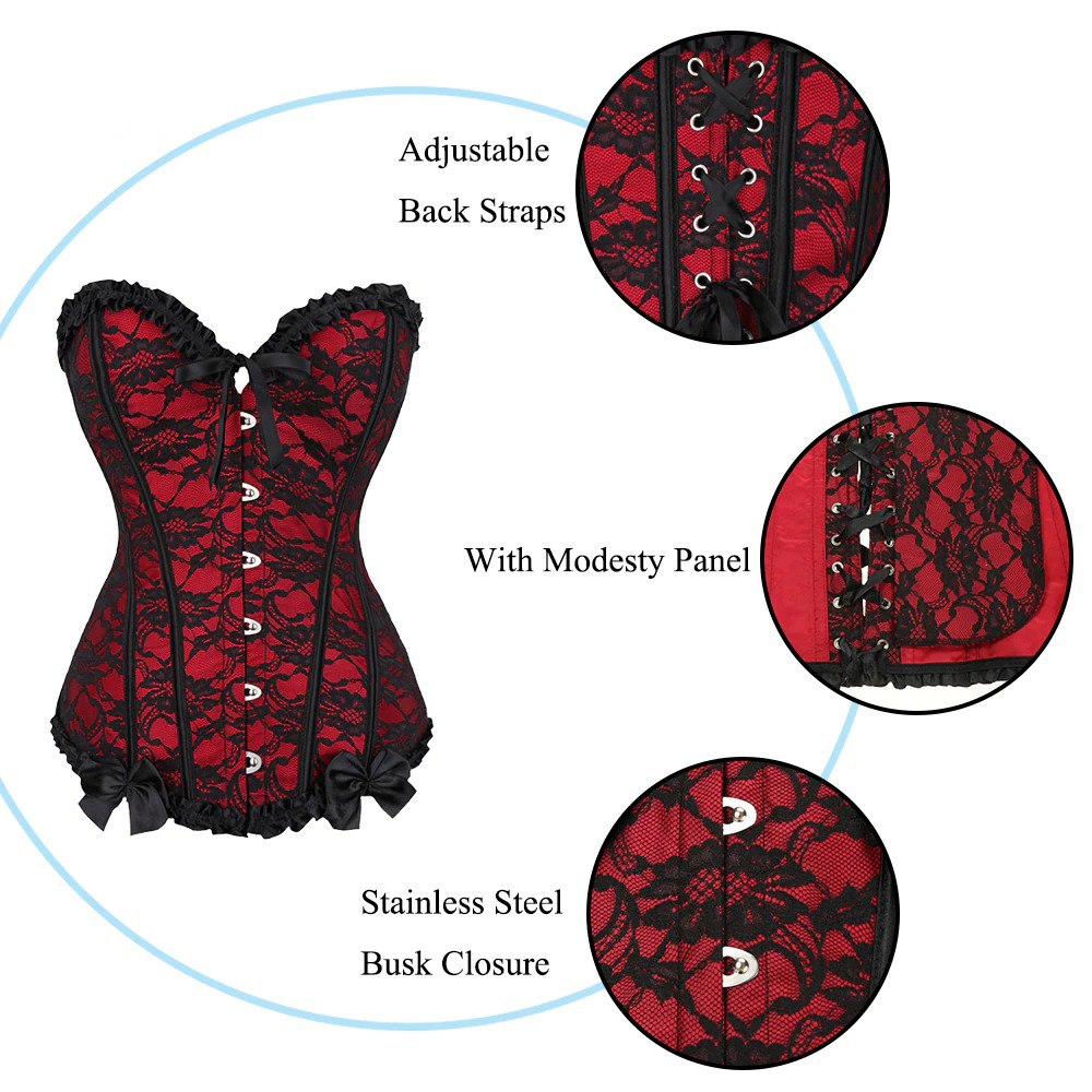 Red lace backless corset with adjustable straps, modesty panel, and stainless steel busk closure for a gothic look.