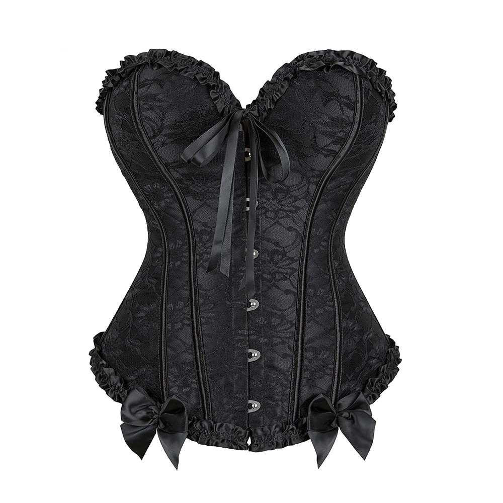 Women's black lace steampunk corset with ribbon ties and elegant bow details.