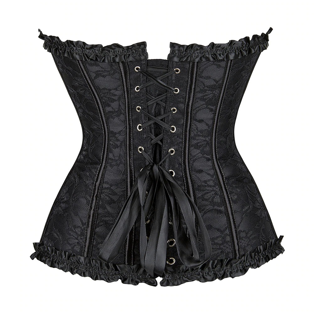 Black lace-up steampunk corset with elegant ruffle trim, perfect for a gothic-inspired outfit.