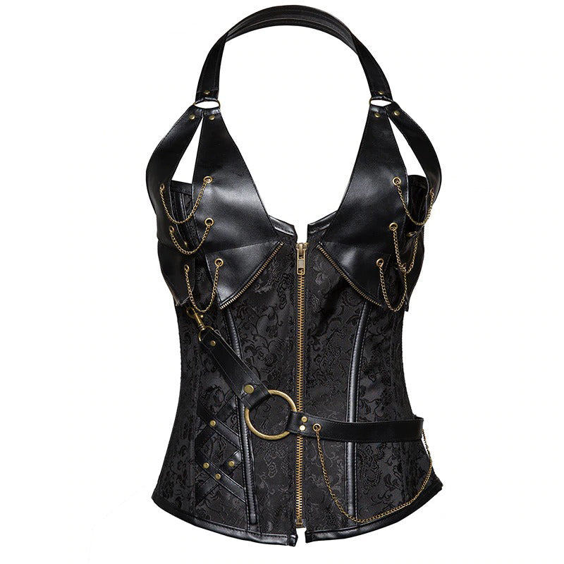 Women's sexy steampunk corset with straps and chains, perfect for vintage-inspired lingerie looks.
