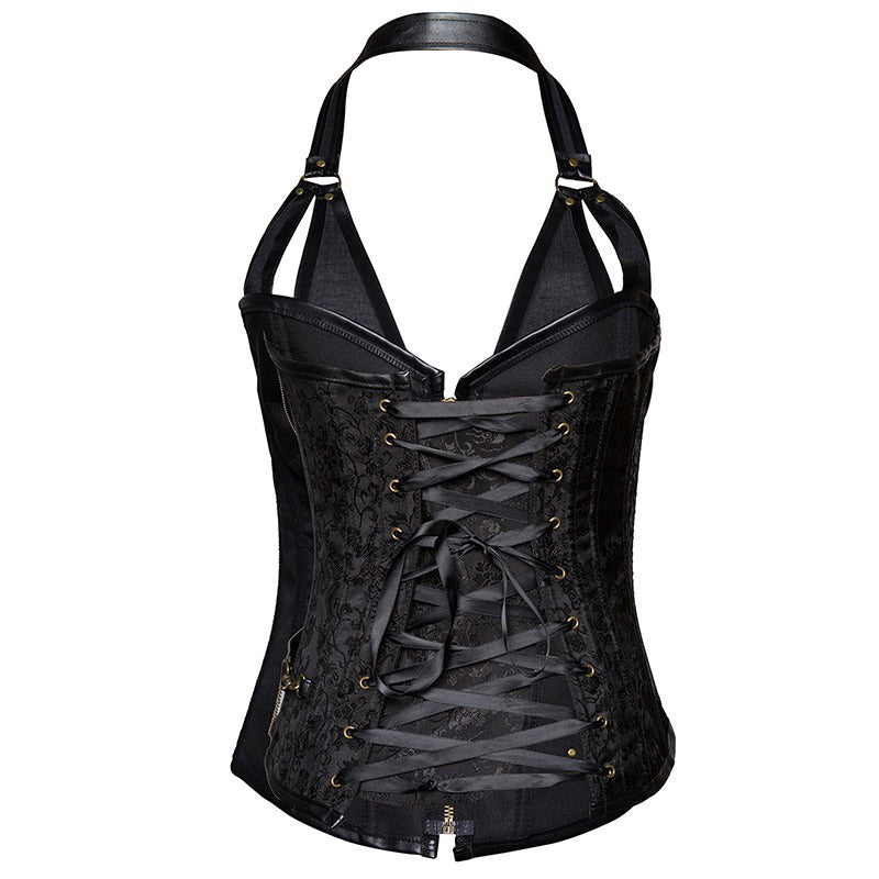 Women's sexy steampunk corset with straps and chains, halter neck design, perfect for vintage style enthusiasts.