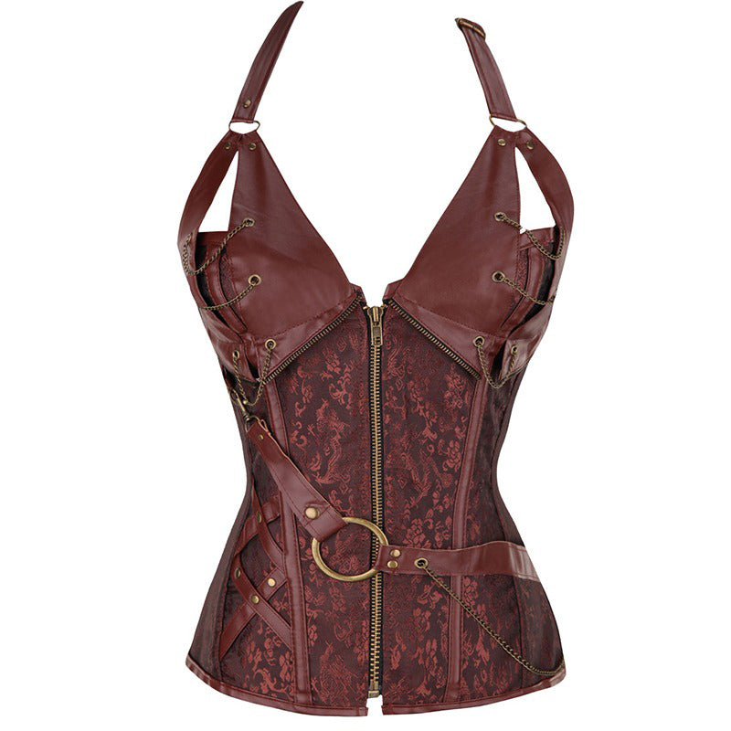 Women's Sexy Steampunk Corset With Strap And Chains / Halter Neck Retro Lingerie With G-Strings - Brown / S Women's Sexy Steampunk Corset With Strap And Chains / Halter Neck Retro Lingerie With G-Strings - Brown / S