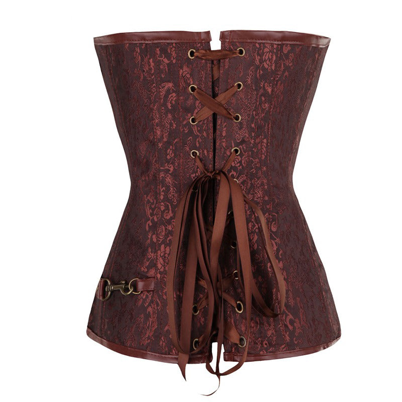 Women's sexy steampunk corset in burgundy with lace-up back and chains, perfect for vintage-inspired outfits.