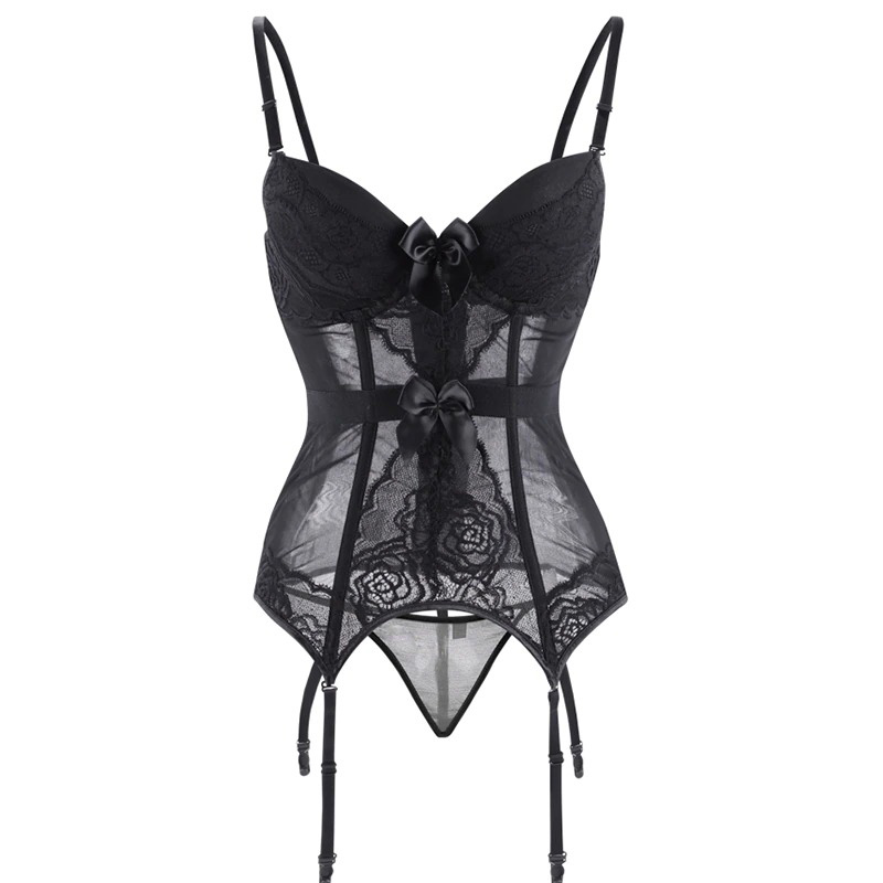 Elegant black lace corset with bows, adjustable straps, and G-string for a sexy look in women's lingerie.
