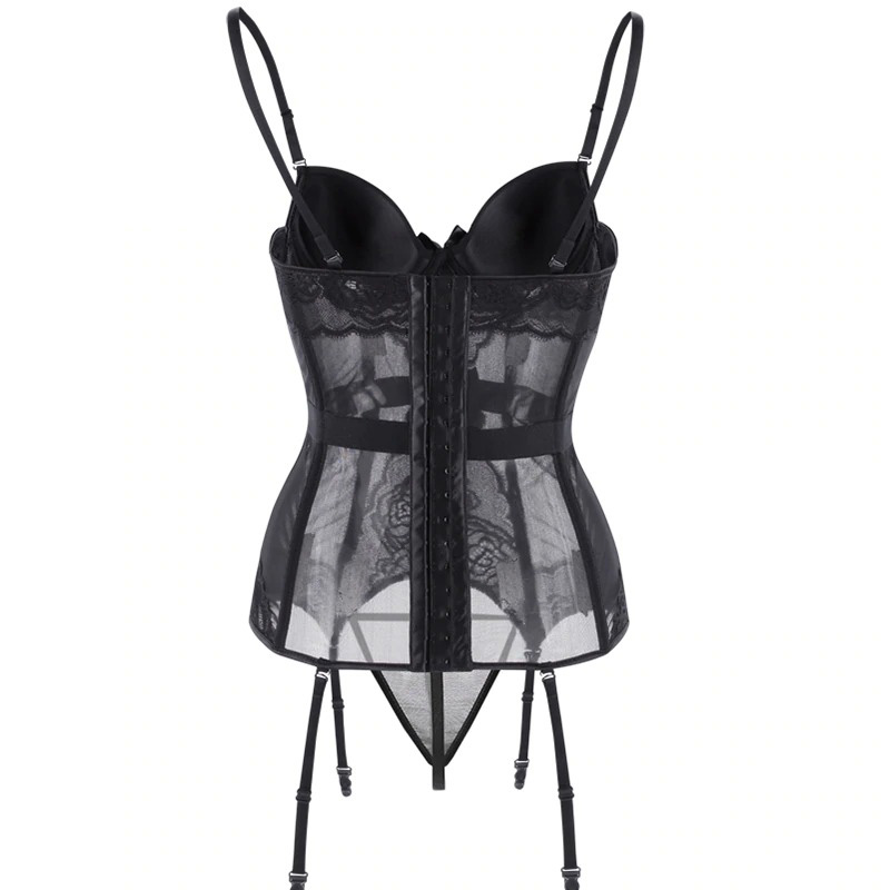 Black transparent lingerie corset with adjustable straps and g-string, featuring floral lace and six plastic bones.