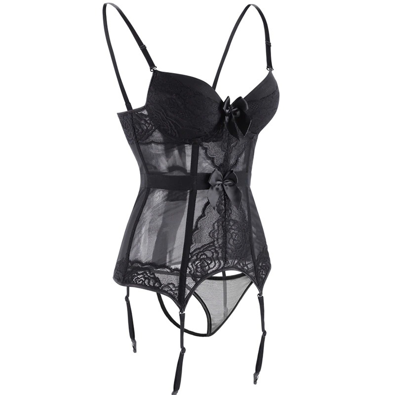 Elegant black transparent lingerie corset with lace details, adjustable straps, and g-string, perfect for confident nights.