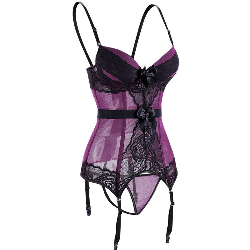 Elegant women's transparent lace corset in purple, featuring adjustable straps and intricate black detailing.