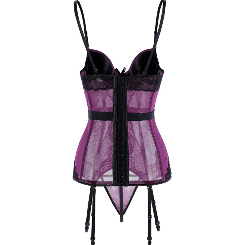 Elegant women's transparent corset in purple with adjustable straps and g-string, perfect for adding confidence to any wardrobe.
