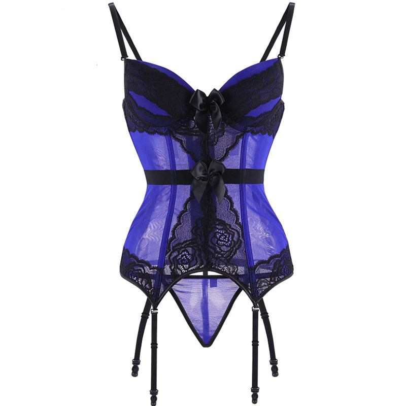 Elegant blue transparent lingerie corset with lace detailing, adjustable straps, and matching g-string.
