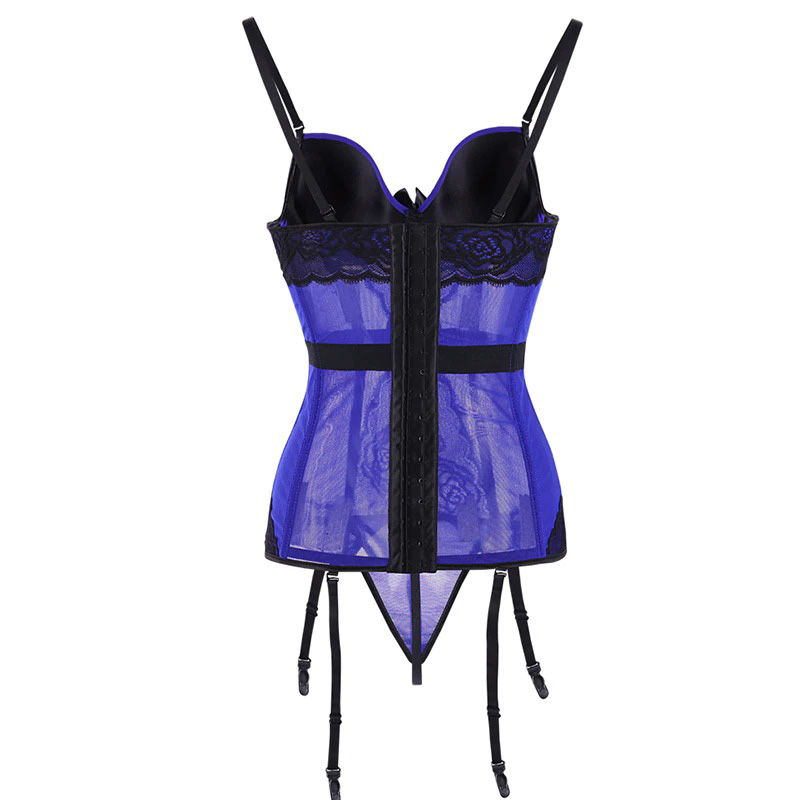 Women's sexy transparent blue corset with adjustable straps and lace trim, perfect for intimate occasions.