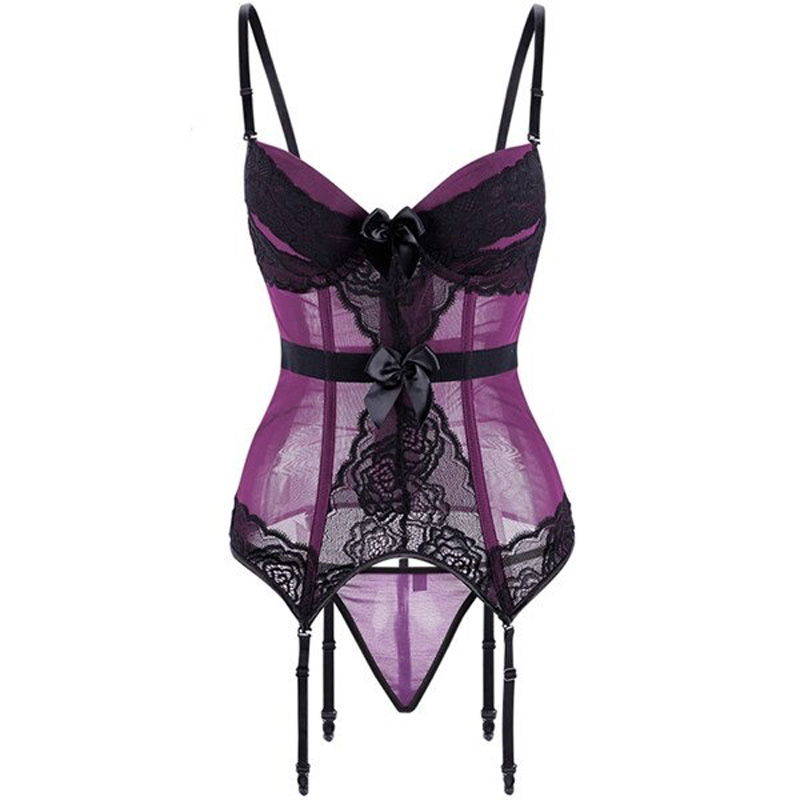 Elegant women's purple and black transparent corset with lace, adjustable straps, and matching g-string.