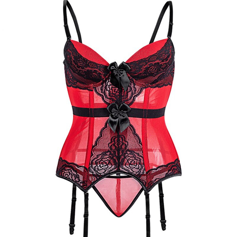 Elegant red transparent corset with black lace, bows, and adjustable straps, perfect for a sultry night in.