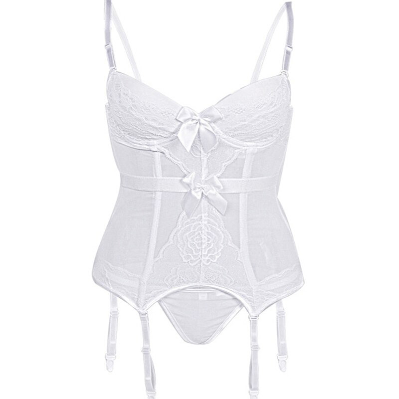 Elegant women's white lingerie corset with lace detailing, adjustable straps, and matching G-string.