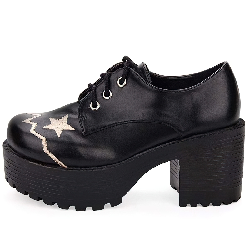 Trendy women's black lace-up shoes with thick platform and embroidered stars, perfect for casual wear.