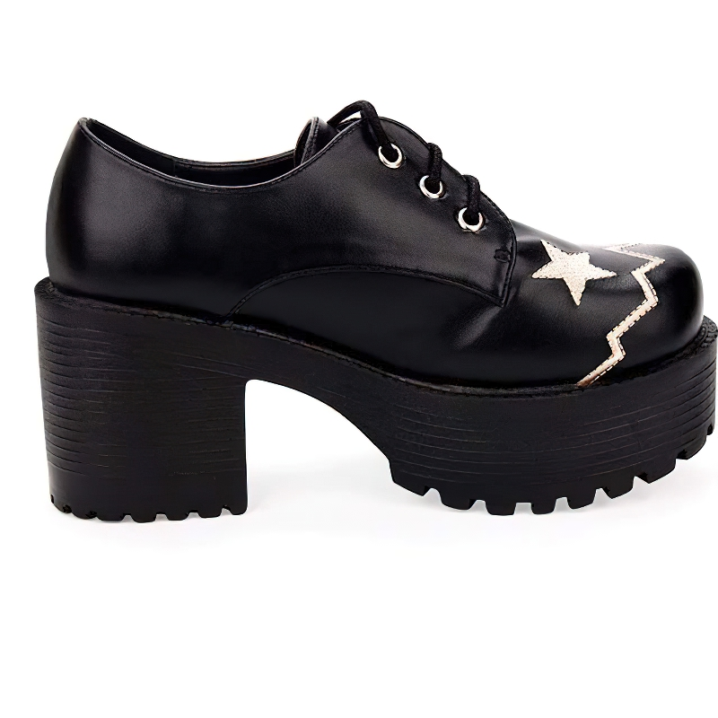 Women's lace-up thick platform shoes in black with embroidered stars, perfect for trendy casual wear.
