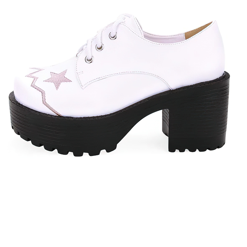 Stylish white women's lace-up shoes with thick platform and embroidered stars, perfect for casual outings.