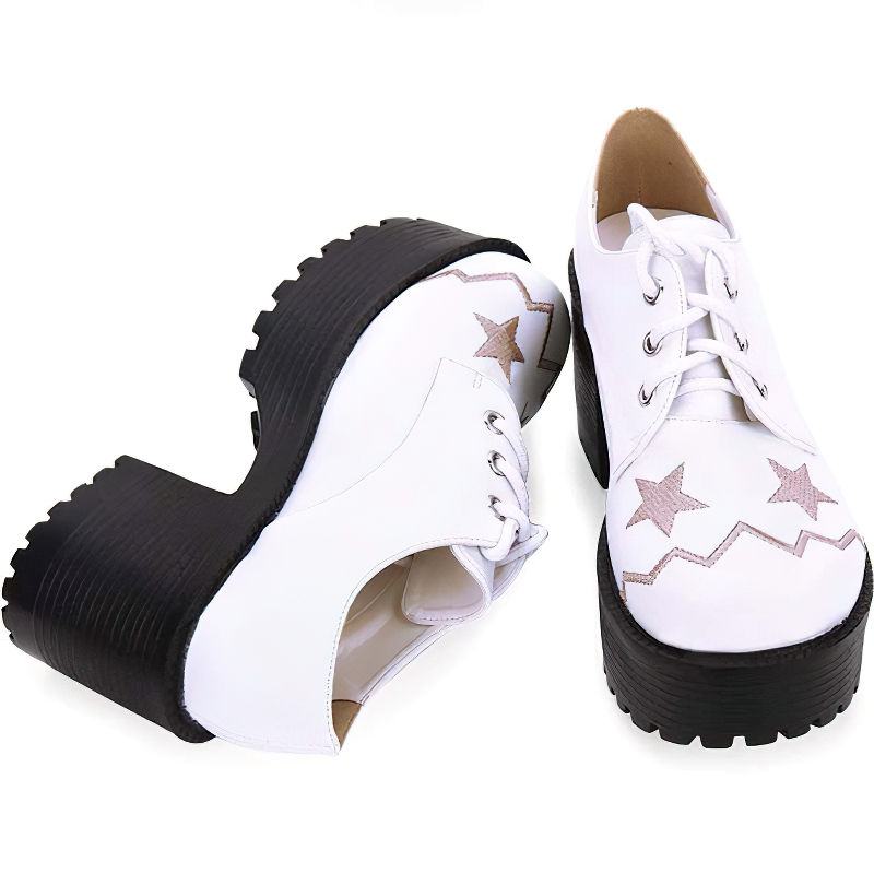 Stylish women's lace-up platform shoes in white with star embroidery, perfect for trendy casual outfits.