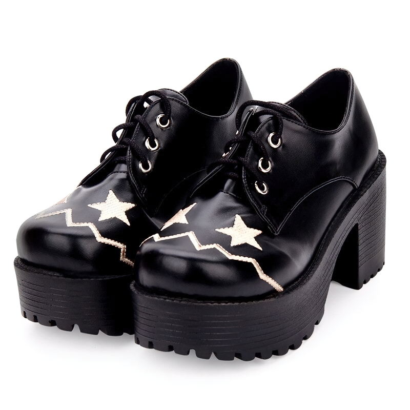 Trendy women's lace-up shoes with thick platform and embroidered stars, perfect for casual styling.