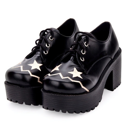Women's Shoes Of Thick Platform And Lace-Up / Casual Footwear With Embroidered Stars