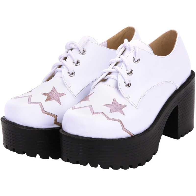 Women's white lace-up shoes with thick platform and embroidered stars for trendy casual style.