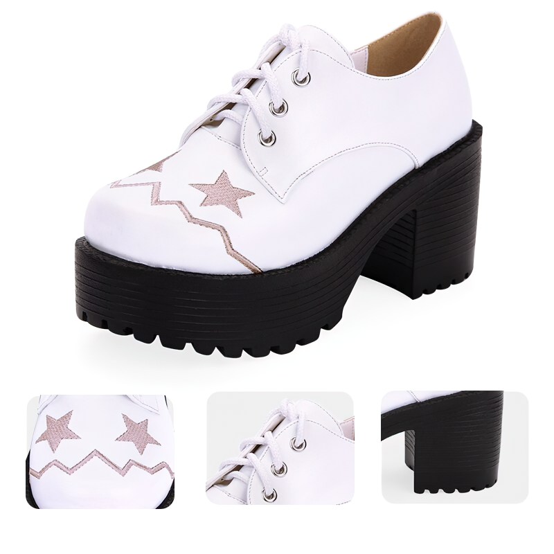 Trendy women's lace-up shoes with thick platform and embroidered stars, stylish casual footwear in white.