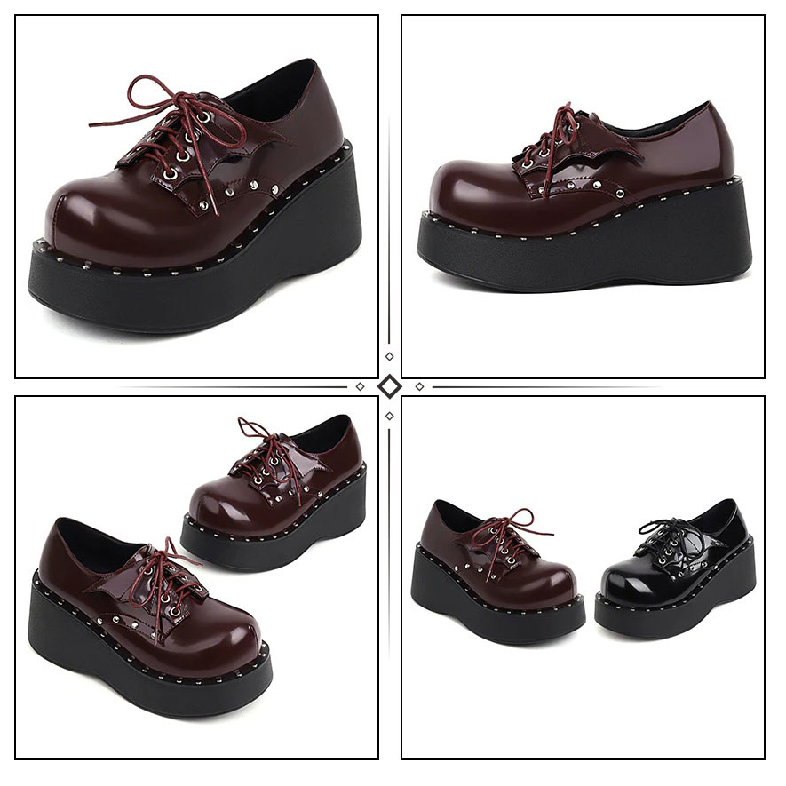 Stylish punk platform women's shoes in black and burgundy with laces and studded details.