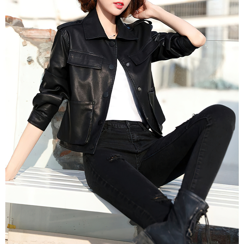 Women's Short PU Leather Jacket / Fashion Big Pockets Jacket / Casual Motorcycle Wear - HARD'N'HEAVY