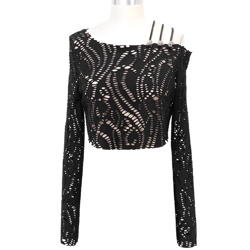 Women's Short Top with Die-Cut Sleeves / Black Wide Top with Leatherette Strips on Shoulder - HARD'N'HEAVY
