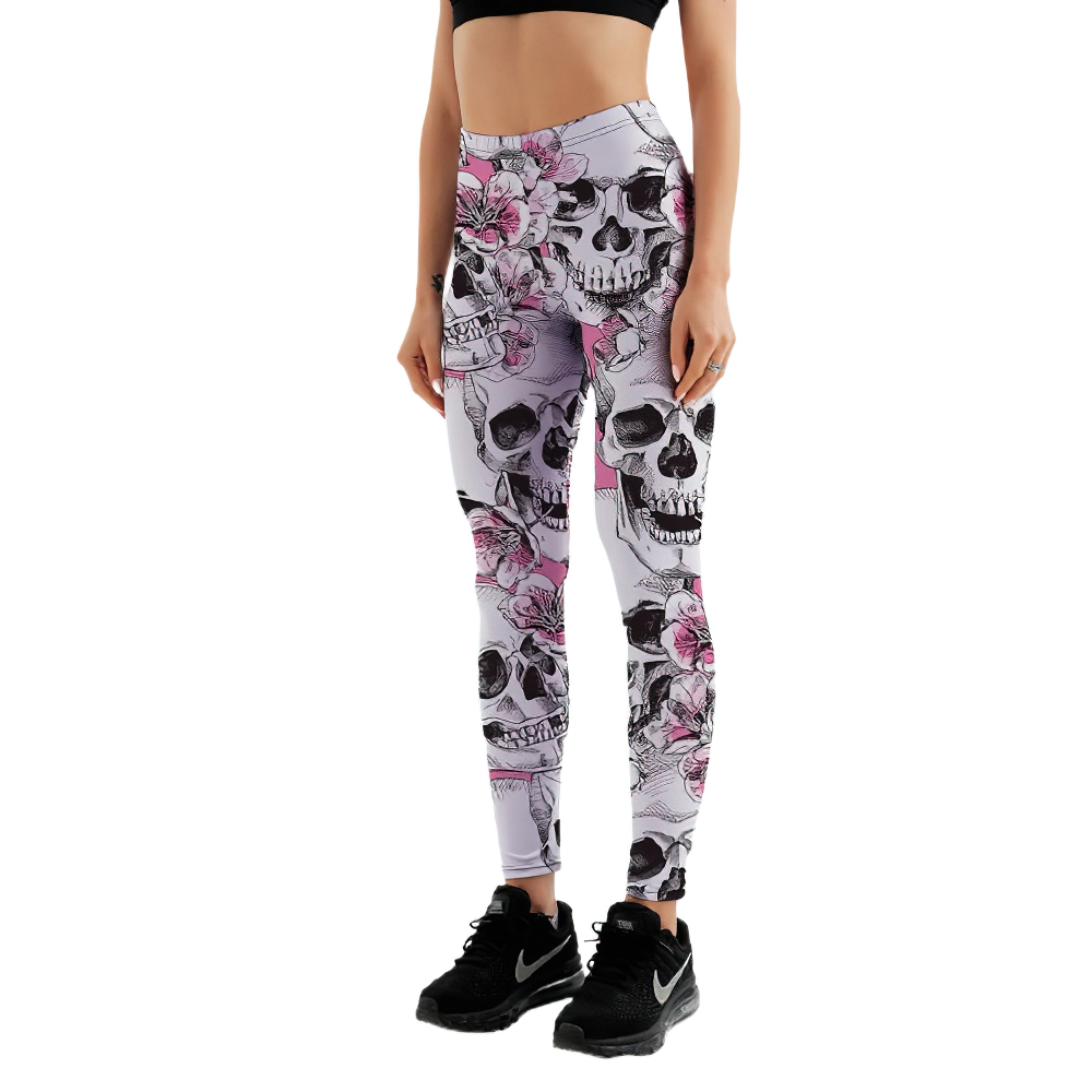 Women’s Skull Head Print Leggings in Gothic Style with Floral Accents for a Unique Look