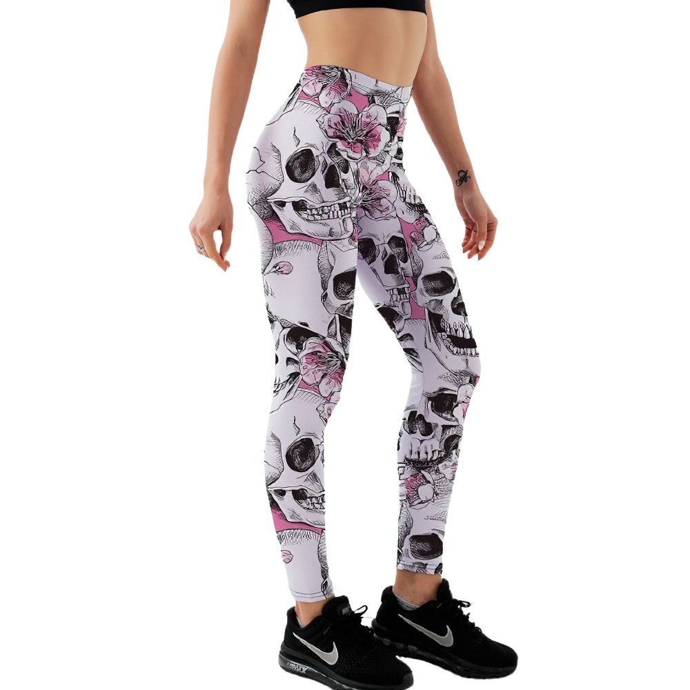 Gothic skull head print leggings for women, featuring floral accents and a stylish high-waisted design.