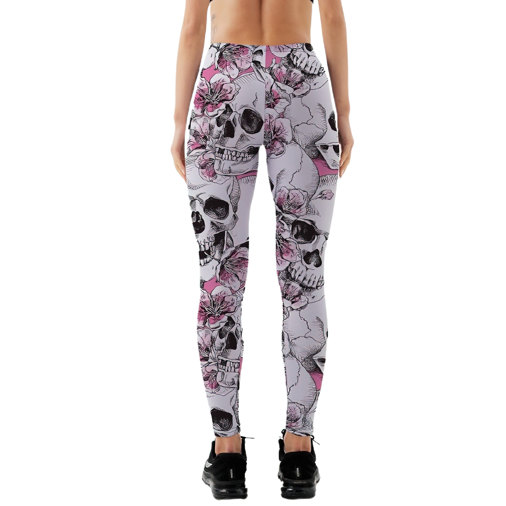 Women's Gothic Skull Head Print Leggings featuring floral designs, perfect for Halloween or everyday wear.