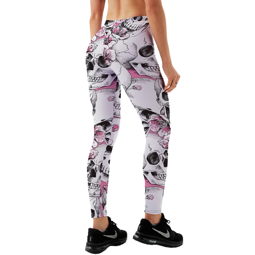 Women's Gothic skull head print leggings with floral accents, perfect for Halloween or everyday wear.