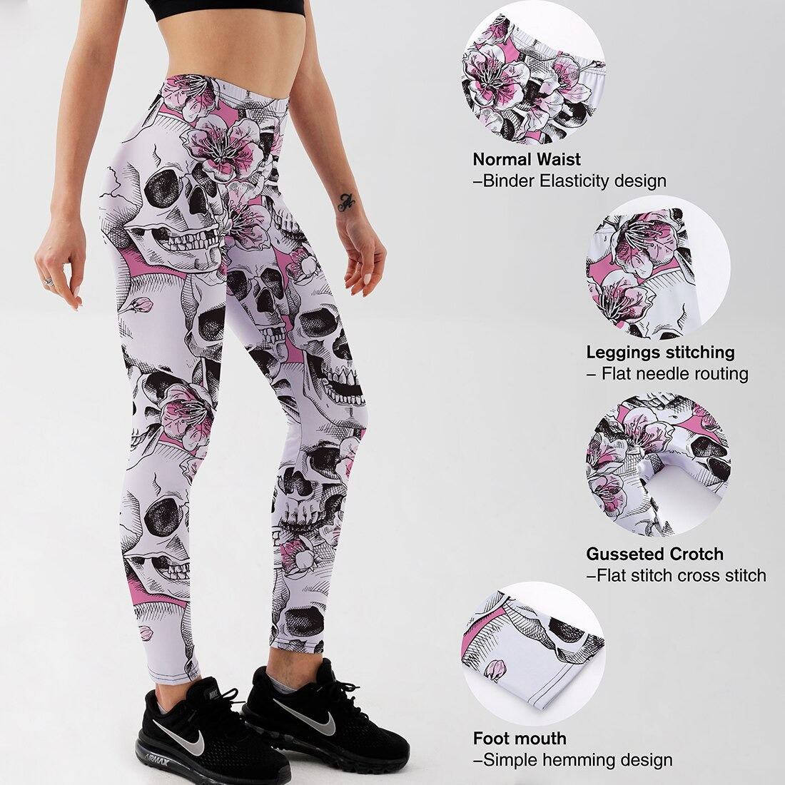 Gothic style women's leggings featuring skulls and flowers, showcasing comfortable design and detailed stitching.