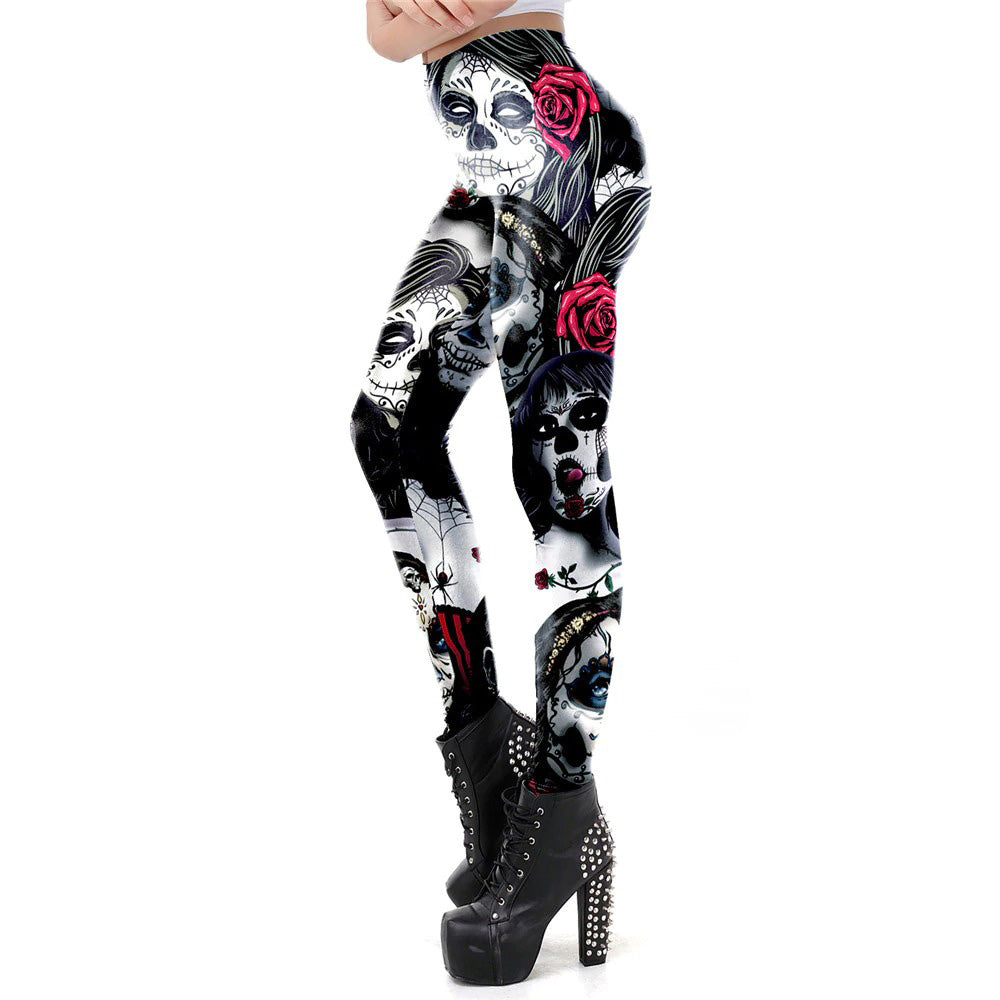 Women's high waist skull leggings featuring gothic designs, vibrant roses and spiders, perfect for Halloween festivities.