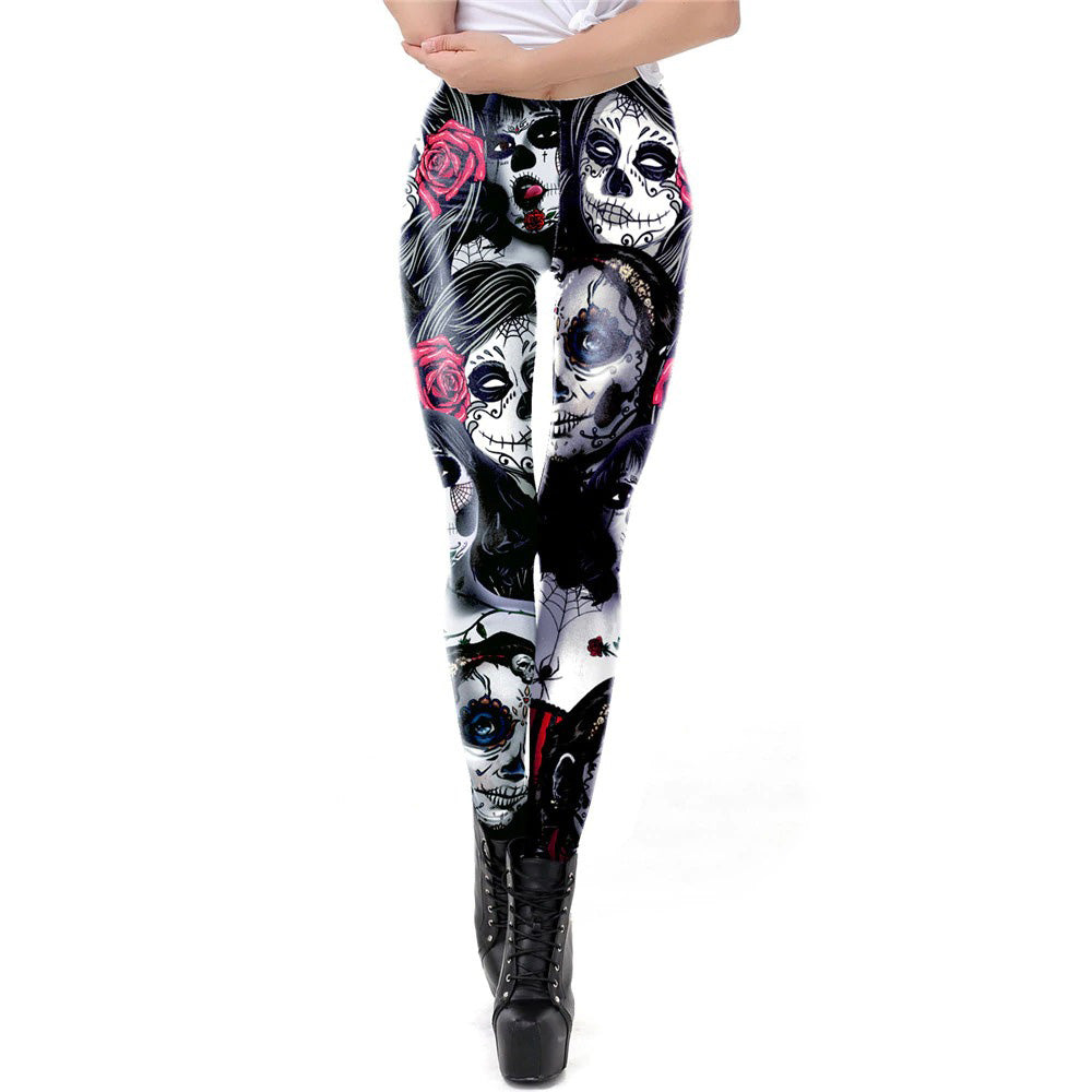 Gothic women's leggings covered in skulls and roses, perfect for Halloween fitness and stylish parties.