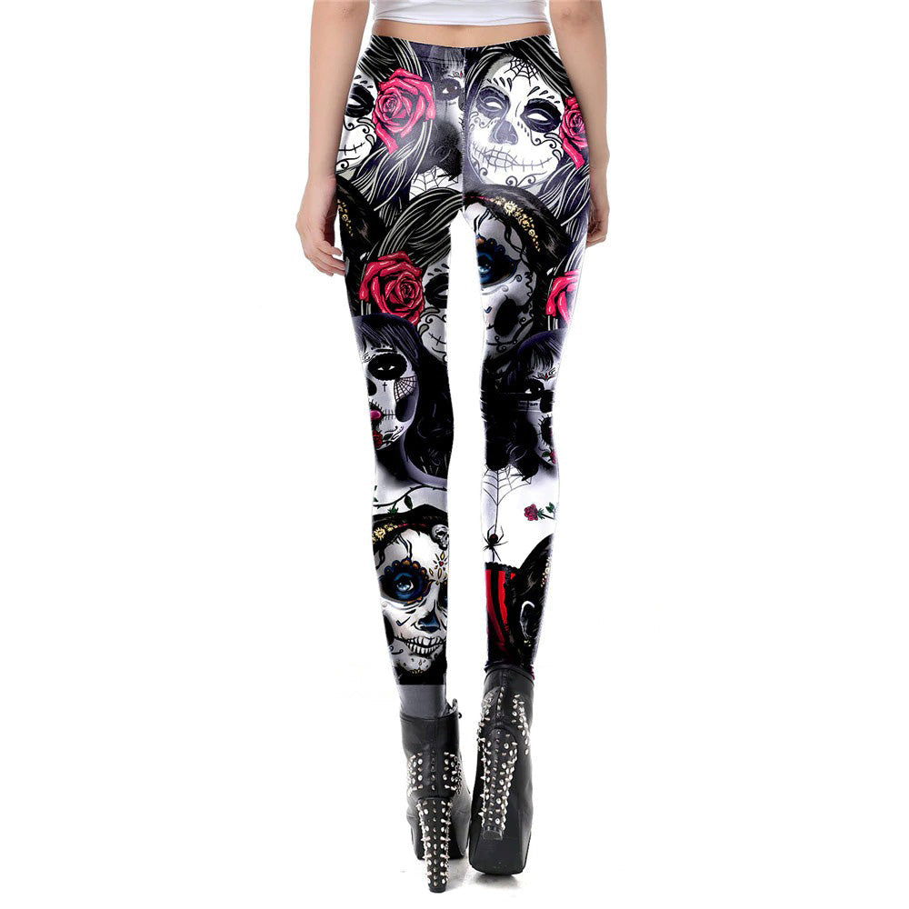 Women's high waist skull leggings with roses and spiders, perfect for Halloween and fitness. Stylish gothic legwear!