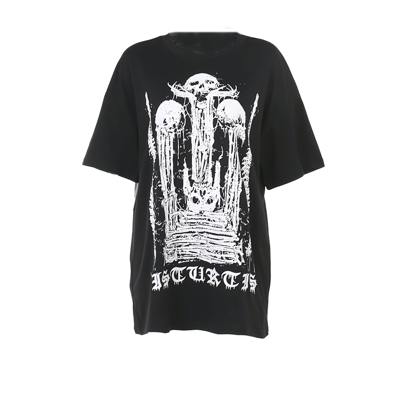 Women's Skulls Printed Loose T-Shirt / Goth Black Short Sleeves Oversized T-Shirts - HARD'N'HEAVY