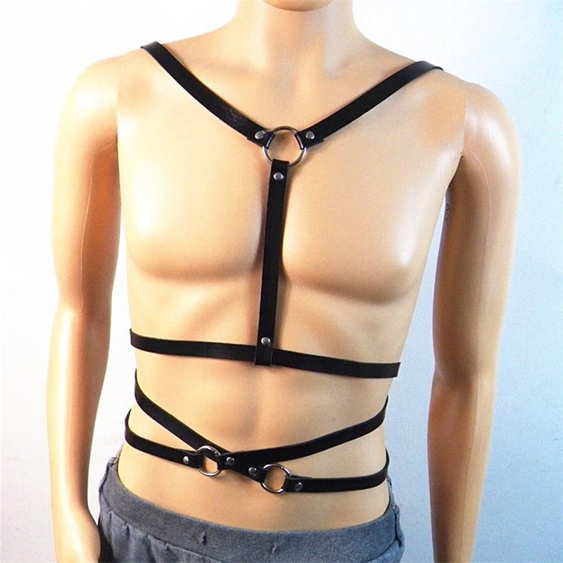 Men's sexy body harness showcasing adjustable faux leather design with metal O rings on a mannequin.