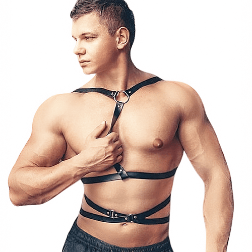 Sexy Körpergeschirr für Männer / Metall-O-Ring-Geschirrgürtel an Schulter und Taille 