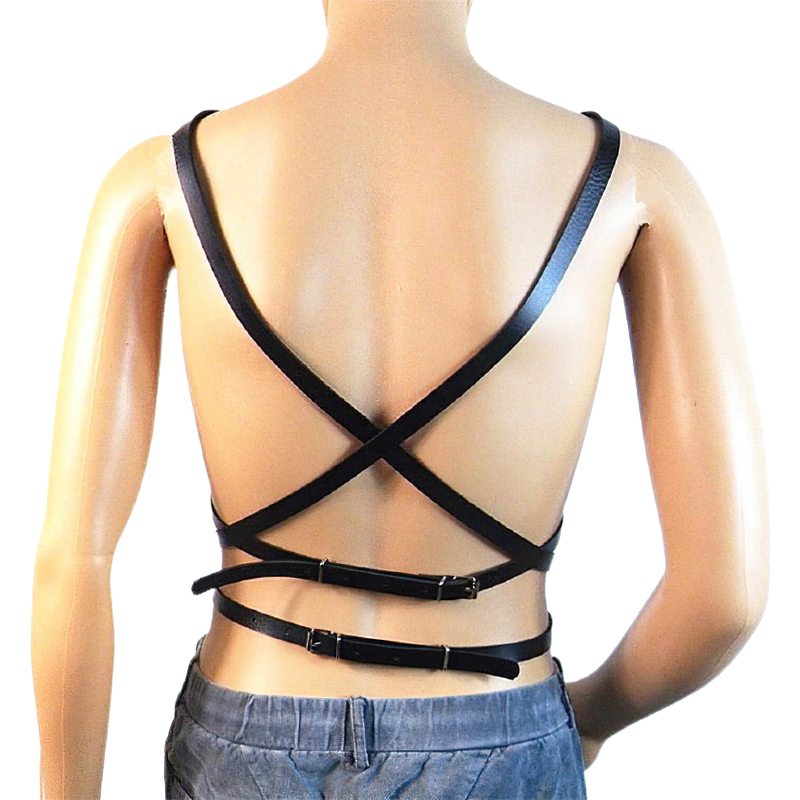 Men's sexy body harness showing back straps in sleek faux leather design with adjustable buckle for perfect fit.