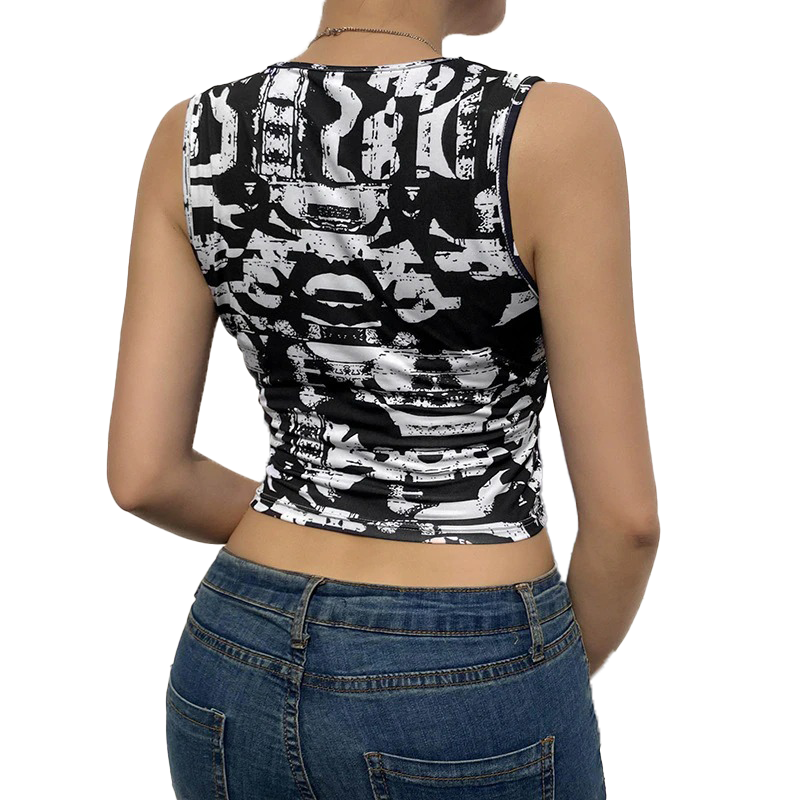 Women's Sleeveless Crop Top With Lips Print / Sexy Rock Style O-Neck Top - HARD'N'HEAVY
