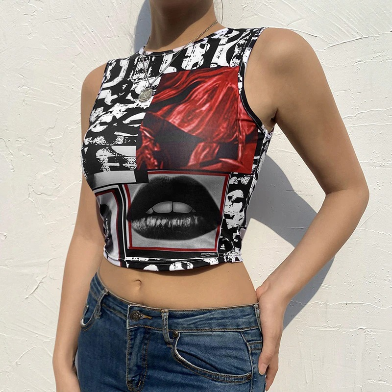 Women's Sleeveless Crop Top With Lips Print / Sexy Rock Style O-Neck Top - HARD'N'HEAVY