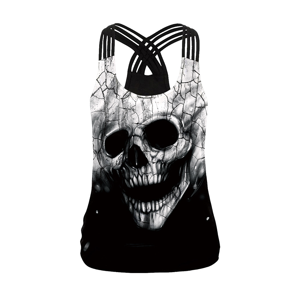 Women's sleeveless black tank top with a skull print and stylish back design, perfect for rock fans.