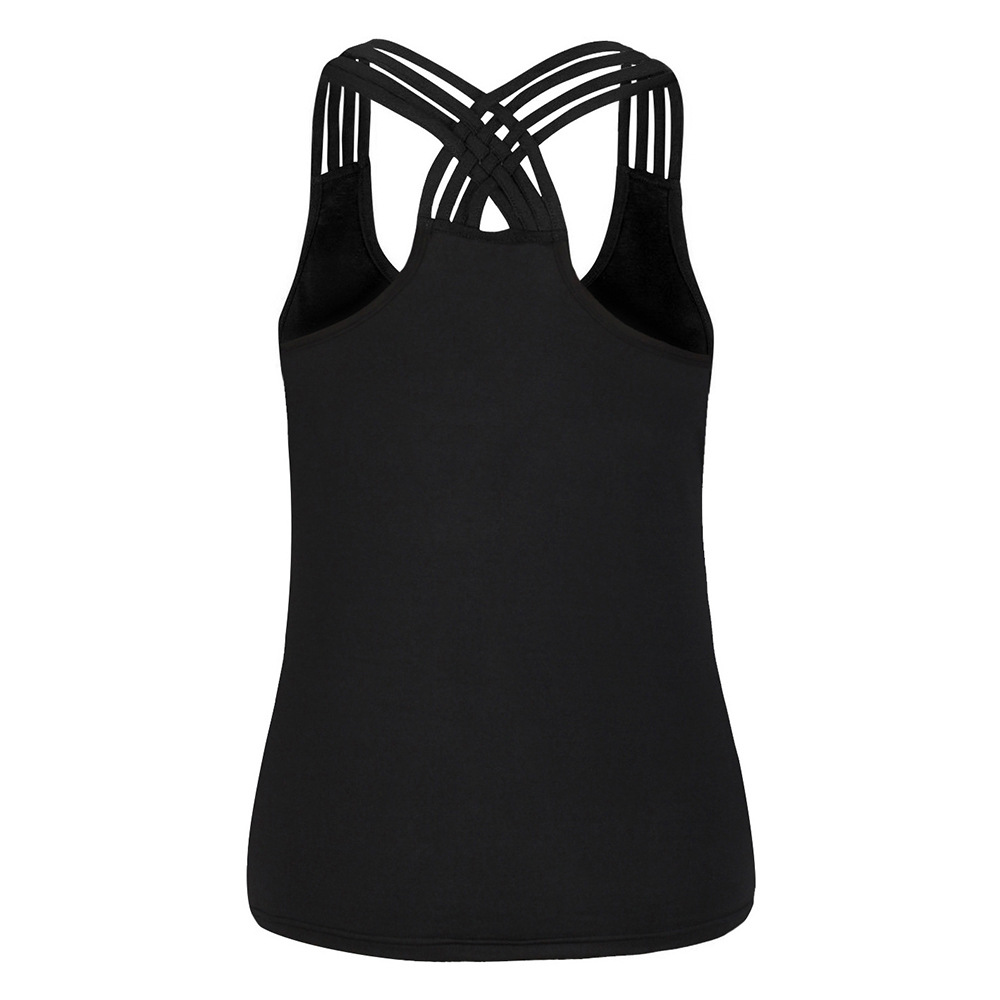 Back view of a women's sleeveless black tank top with crisscross straps, perfect for a rock-style look.